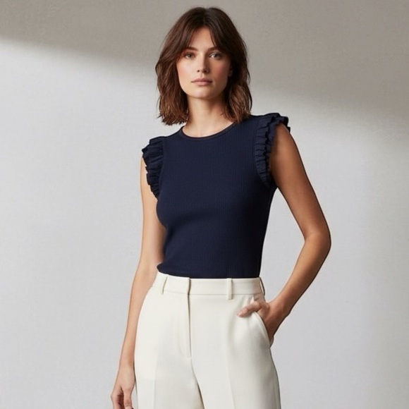 J. Crew Tops - J.Crew Women’s Black Vintage Rib Ruffle Sleeve T-Shirt Cotton Modal Size Small